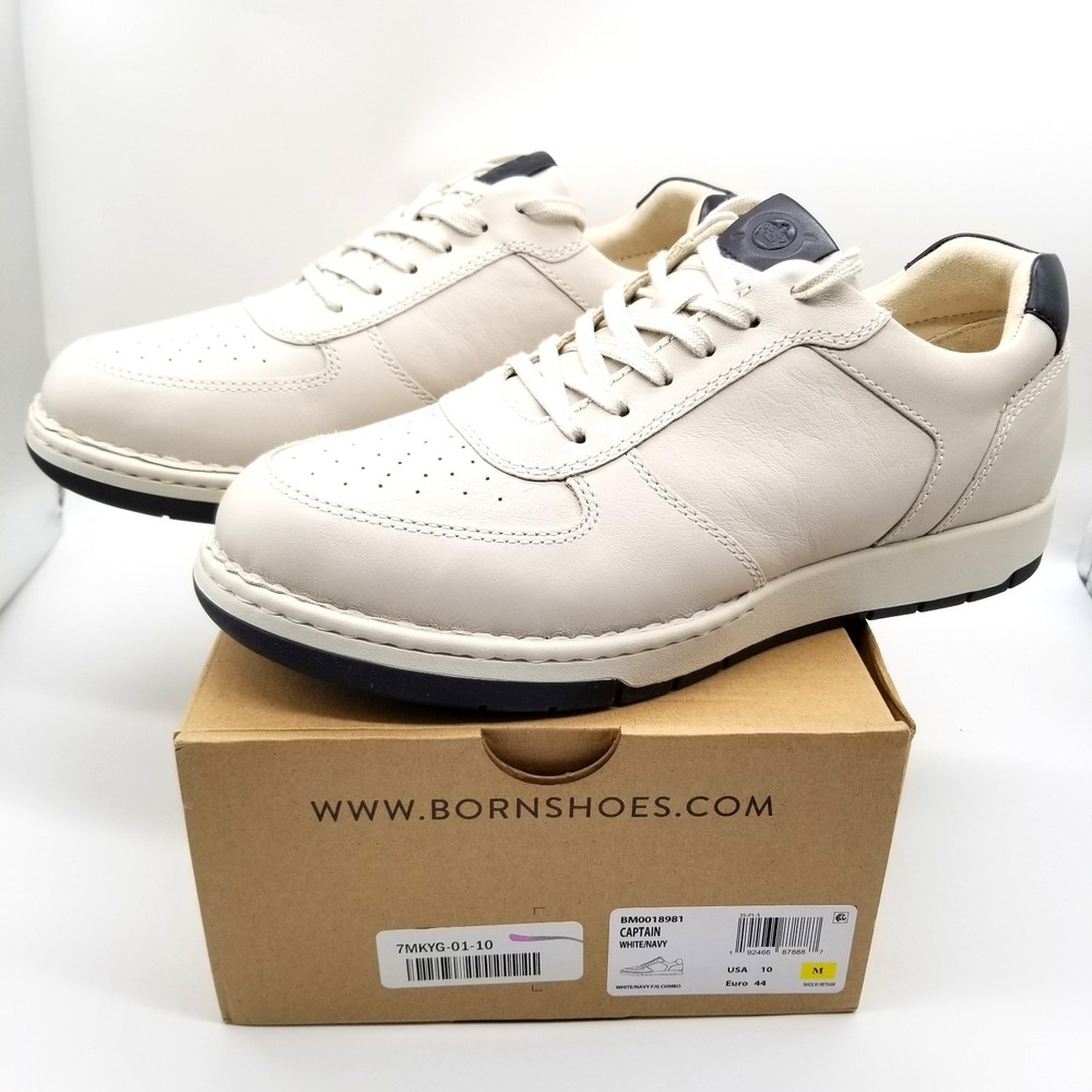 Born Men Captain Lace Oxford Casual Shoes‎ Sz 10 M White Navy Leather Sneakers